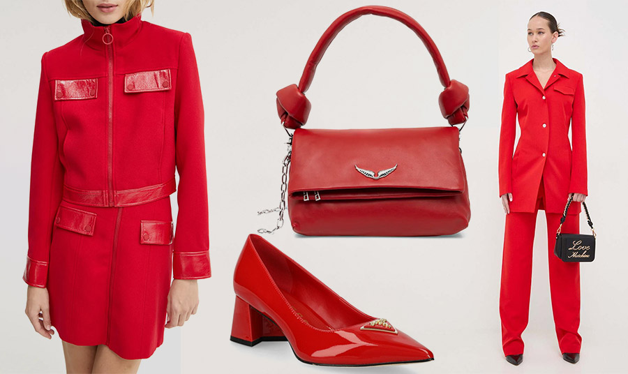 Δοκιμάστε ένα total red look και αποκλείεται να περάσετε απαρατήρητες! Ταγιέρ, Morgan // Τσάντα, Zadig&Voltaire // Γόβα με τετράγωνο τακούνι, Guess // Κοστούμι, Moschino Jeans