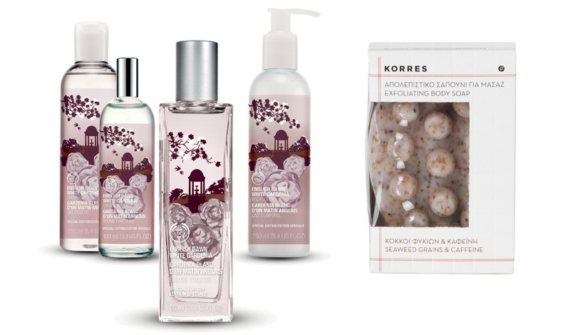 Άνθη λευκής γαρδένιας για τα Εau de Toilette, Fragrance Mist, Shower Gel και Body Lotion, English Dawn White Gardenia, Body Shop // Απολεπιστικό σαπούνι για μασάζ κατά της κυτταρίτιδας με κόκκους φυκιών και καφείνη, Κorres