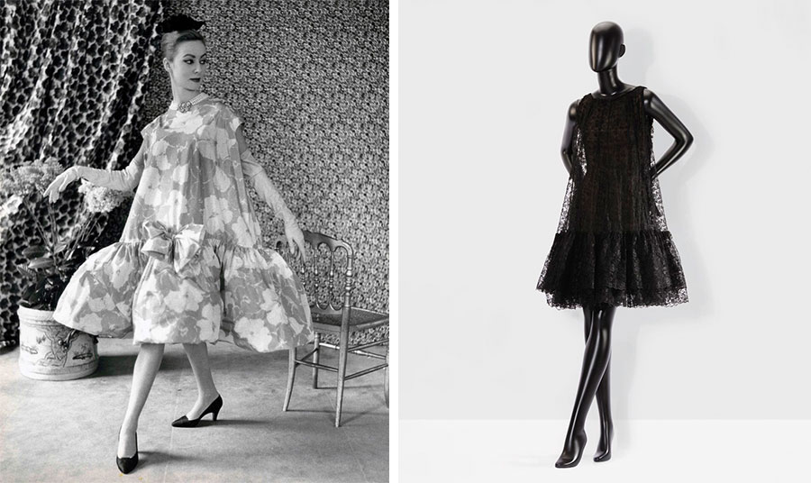 Μία από τις πρώτες δημιουργίες του Cristóbal Balenciaga με το Baby Doll Dress το 1956 // Από μαύρη φίνα δαντέλα, 1957