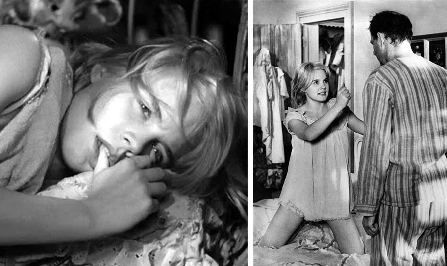 Η Carroll Baker, το 1956, ξαπλωμένη νωχελικά και χαύνα σ’ ένα κρεβάτι-κλουβί, πιπιλάει τον αντίχειρά της Πώς ν’ αντισταθείς σ’ αυτή τη γυναίκα-παιδί; 