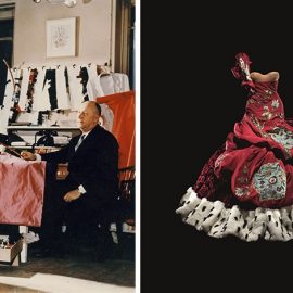 Ο Christian Dior με το μοντέλο Lucky, περίπου το 1955, Courtesy of Christian Dior // Δημιουργία του John Galliano, Υψηλή Ραπτική, φθινόπωρο/χειμώνας 2004, Φωτό © Laziz Hamani Dior He?ritage collection, Παρίσι