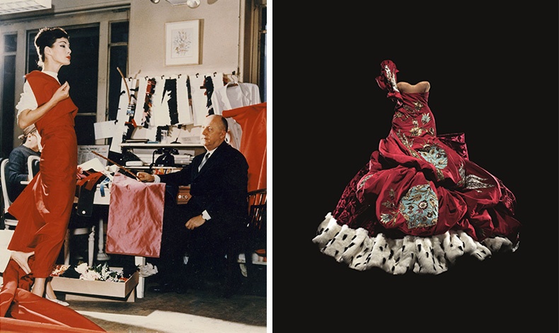 Ο Christian Dior με το μοντέλο Lucky, περίπου το 1955, Courtesy of Christian Dior // Δημιουργία του John Galliano, Υψηλή Ραπτική, φθινόπωρο/χειμώνας 2004, Φωτό © Laziz Hamani Dior He?ritage collection, Παρίσι