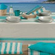 Η σειρά Veta- Turquoise της Nef Nef Homeware μας ταξιδεύει στη μεσογειακή θάλασσα! Τραπεζομάντηλο, σε τρεις διαστάσεις: (140x140εκ.) 17,00?, (140x180εκ.) 19,50? και (140x240εκ.) 26,00?, Σουπλά σετ 2 τμχ 7,00?, Runner, 6,50?, Mαξιλάρι καρέκλας, 10,90? και διακοσμητικό, 11,90?, Mαξιλάρα δαπέδου, 21,00?. Όλα από 100% βαμβάκι