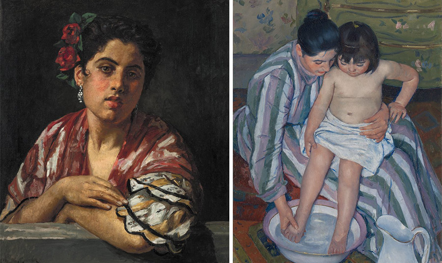 Mary Cassatt “Muchacha española apoyada en un alféizar”, 1872 //“The Child’s Bath” Mary Cassatt., 1893 (Photo via Wikipedia)