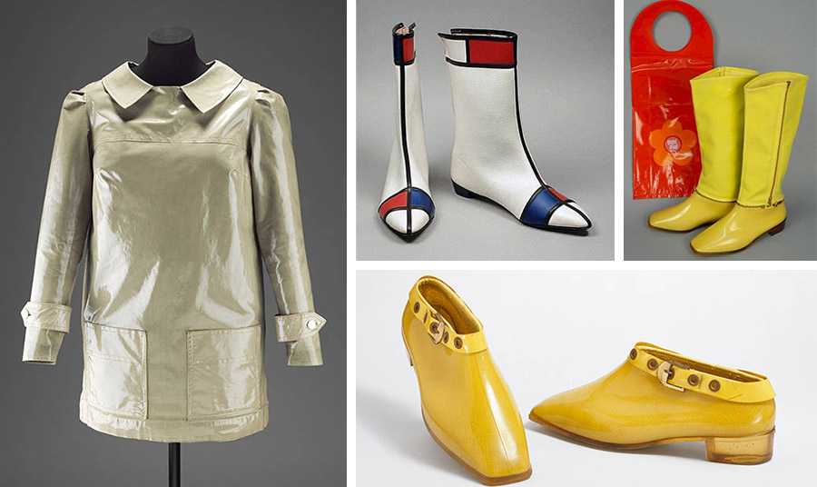 Από αριστερά προς τα δεξιά: αδιάβροχο PVC, Mary Quant, 1964, UK. © Μουσείο Victoria and Albert, Λονδίνο. // Μποτάκι με έμπνευση από τους πίνακες του Μοντριάν, 1965 // Ίσιες κίτρινες μπότες από πλαστικό και κόκκινη τσάντα,  1965 // Μποτάκια σε κίτρινο πλαστικό, Mary Quant, 1967, © Μουσείο Victoria and Albert, Λονδίνο