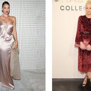 Η Rosie Huntington-Whiteley με ένα μακρύ slipdress από γυαλιστερό σατέν // Η Poppy Delevigne με κόκκινο βελούδο, που αποτελεί μία διαχρονικά τέλεια επιλογή