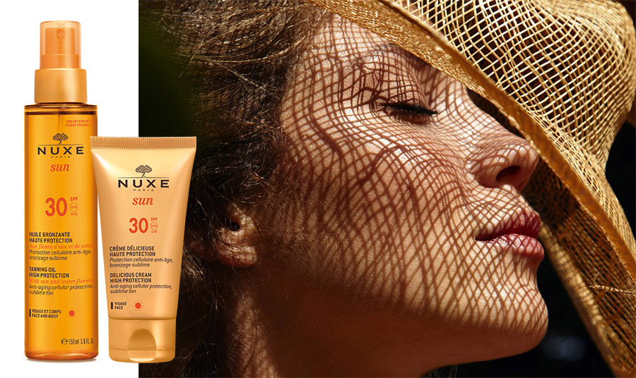 Huile Bronzante Haute Protection SPF 30, Λάδι μαυρίσματος για πρόσωπο & σώμα υψηλής προστασίας από την ακτινοβολία UVA/UVΑ και τη φωτογήρανση, ενώ παράλληλα προσφέρει λαμπερό μαύρισμα. Περιέχει υάκινθο και ηλίανθο // Η αντηλιακή κρέμα προσώπου Crème Délicieuse Haute SPF30 προστατεύει από τη γήρανση που οφείλεται στον ήλιο