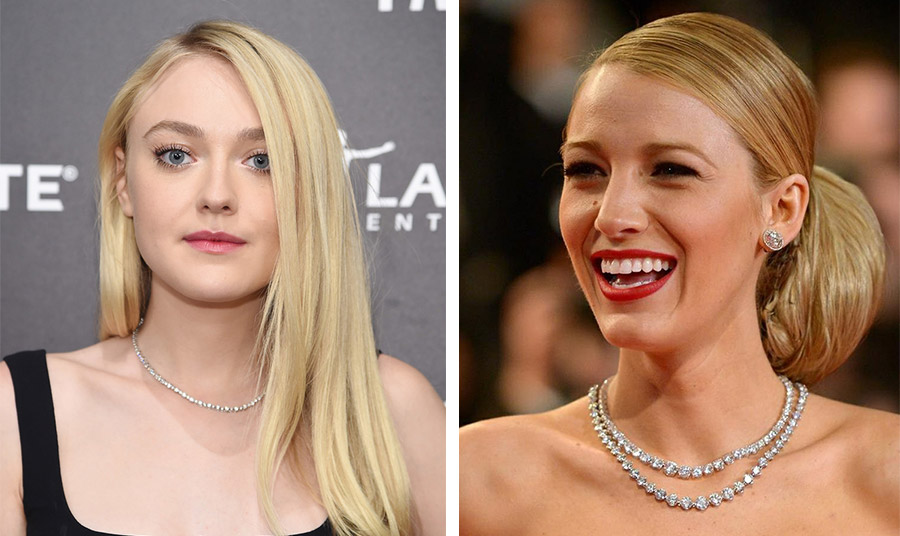 Η Dakota Fanning με το δικό της tennis necklace // H Blake Lively σε επίσημη εμφάνιση με στράπλες και διπλή σειρά διαμαντένια ριβιέρα 