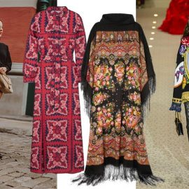 Mία φούστα με scarf prints συνδυάζεται εύκολα με ένα μαύρο πουλόβερ και μαύρα μποτίνια // Mακρύ φόρεμα, Valentino // Φόρεμα με κρόσσια, Vetements // Dolce&Gabbana