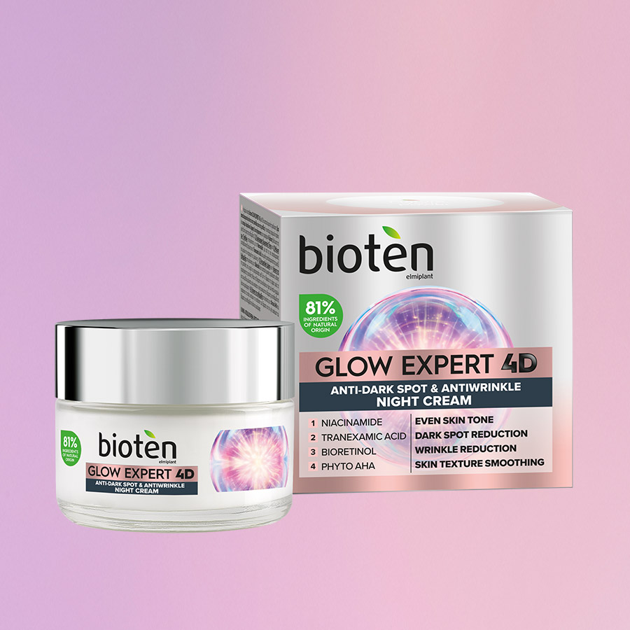 Η κρέμα νύχτας bioten Glow Expert 4D με 81% συστατικά φυσικής προέλευσης περιέχει ένα ισχυρό σύμπλοκο συστατικών, όπως η νιασιναμίδη, το τρανεξαμικό οξύ, τη βιο-ρετινόλη και τα phyto AHA που προσφέρουν αντιγηραντική δράση και λάμψη.