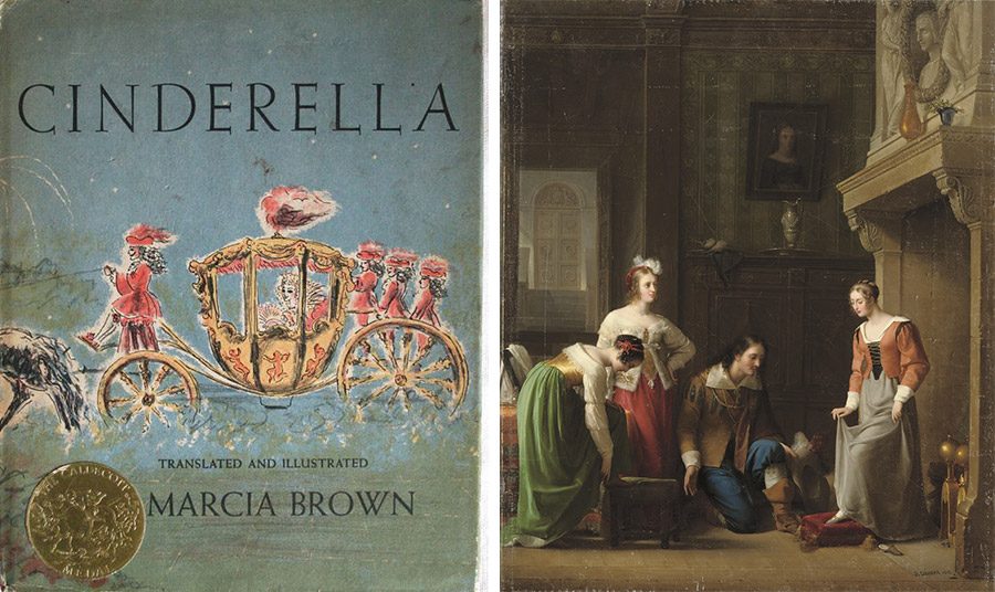 Εξώφυλλο του παραμυθιού το 1955 // Πίνακας Cinderella: a perfect match, Jean-Antoine Laurent, 1818