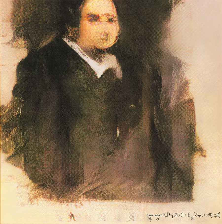 To «Portrait of Edmond de Bellamy» δημιουργήθηκε από ένα παραγωγικό ανταγωνιστικό δίκτυο που τροφοδοτήθηκε με ένα σύνολο δεδομένων 15.000 πορτρέτων που κάλυπτε έξι αιώνες. Christies/Picril